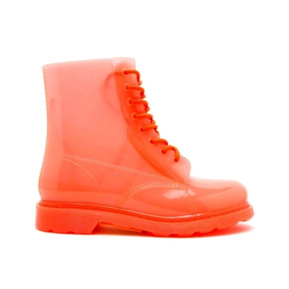 Shoe Affair Shoes - Neon Coral Lace Up Combat Style Rain Boots